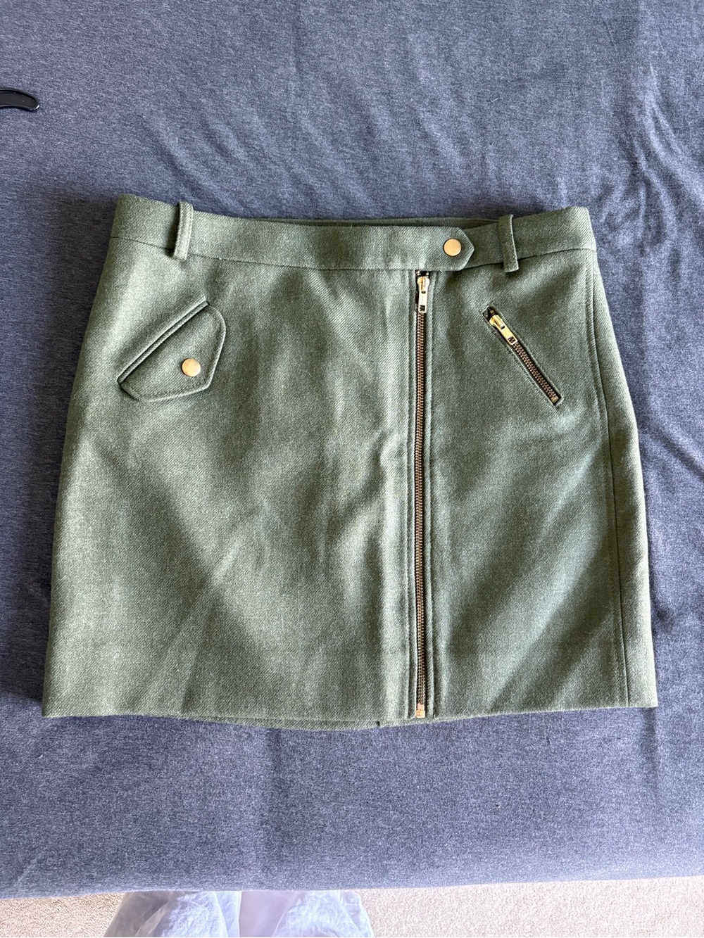 J.Crew Motorcycle Wool Mini Skirt Olive Army Green Moto Gold Zip Bikercore